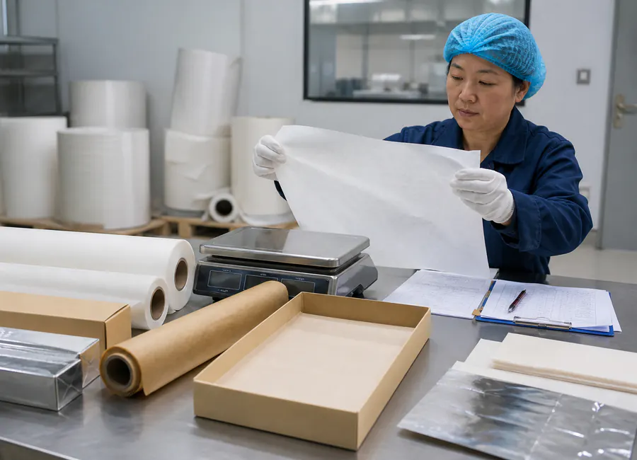 baking paper rolls, sheets and retail packs intended for EU food use inspection and packing