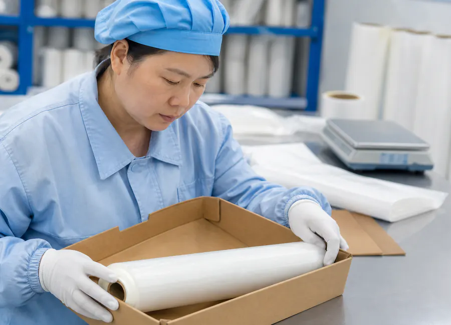 private-label baking paper rolls or sheets in retail and transport packaging inspection and packing