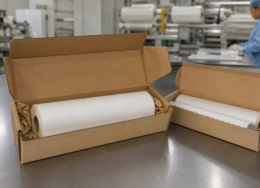 private-label baking paper rolls or sheets in retail and transport packaging sample comparison