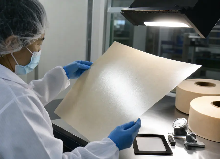 Worker inspecting food-contact paper reels