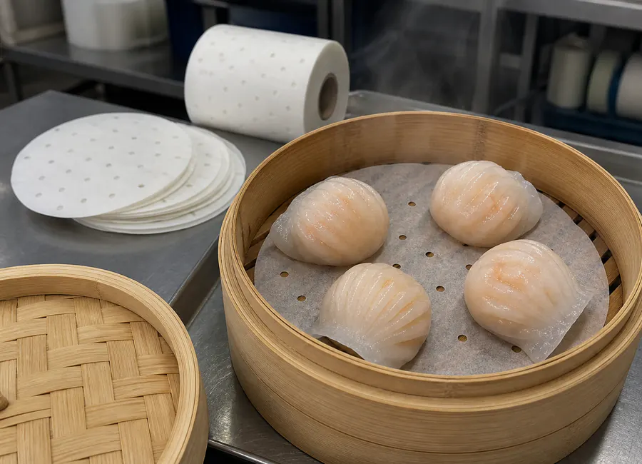 perforated round or square steaming paper used under moist heated food commercial application