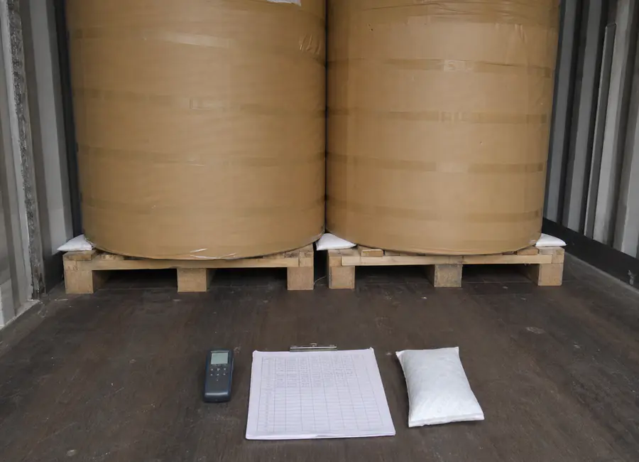 Chinese quality technician inspecting jumbo parchment paper container loading