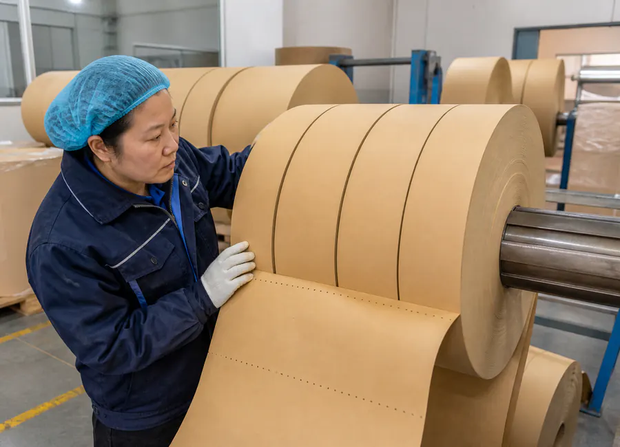 wide parchment-paper jumbo rolls converted into narrower rolls or sheets inspection and packing