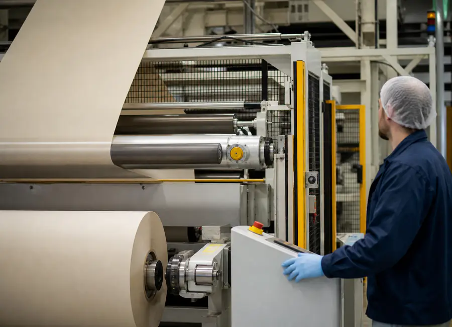 Worker inspecting food-contact paper reels