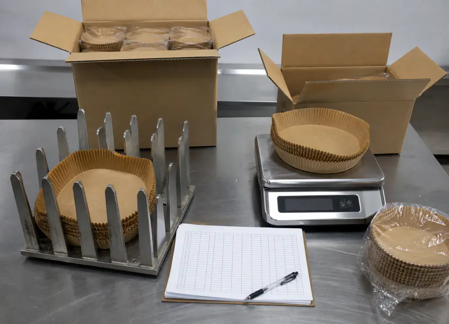 Chinese quality technician inspecting air fryer liner pack count