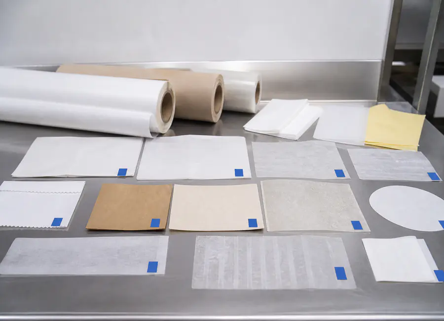 Chinese quality technician inspecting wax paper supplier