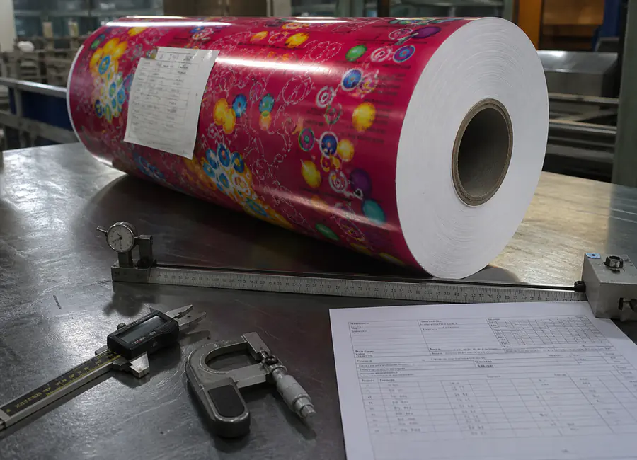 Chinese quality technician inspecting candy wrapper roll stock