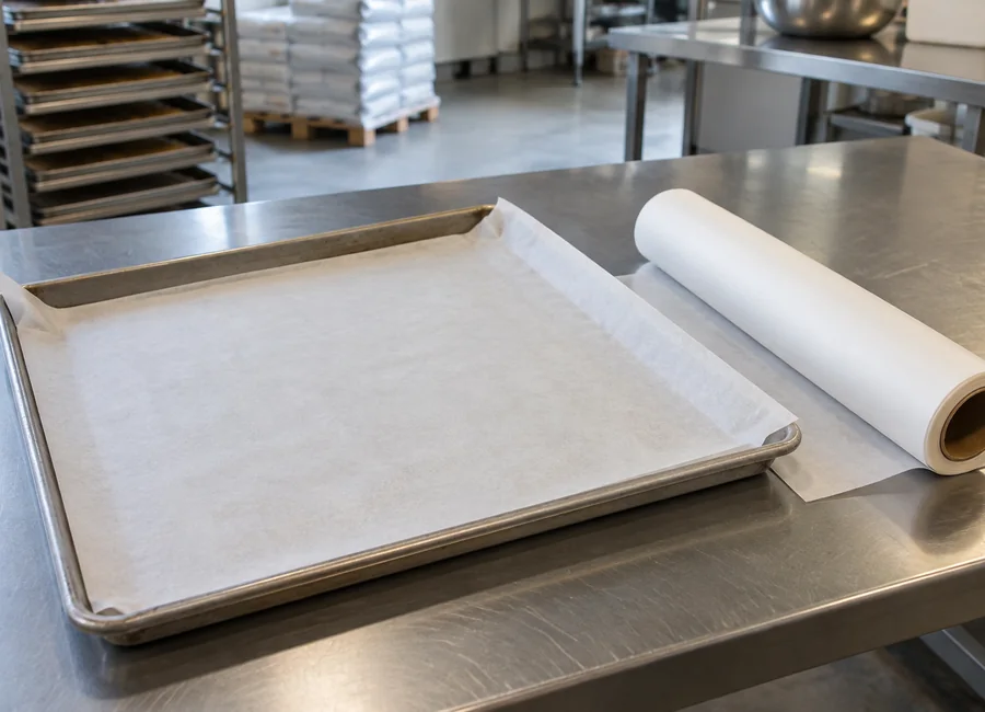 Parchment lining an empty tray on a bakery workbench