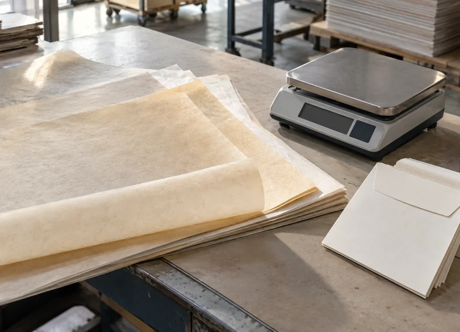 Paper specimens and retention envelopes beside an unused scale