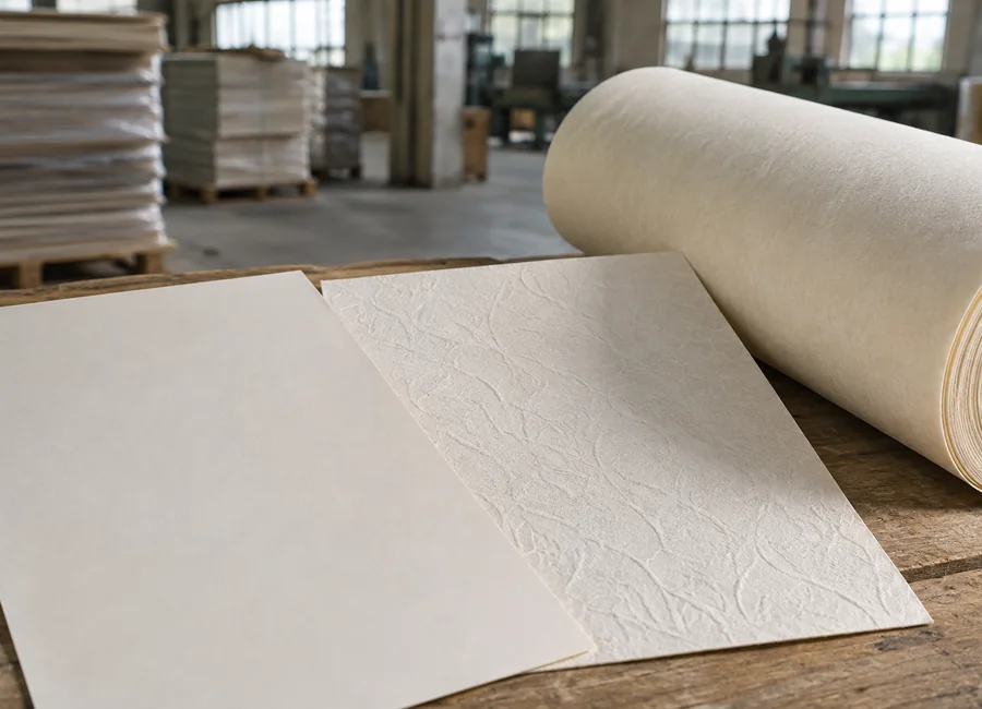 Smooth and embossed paper specimens beside a parchment roll