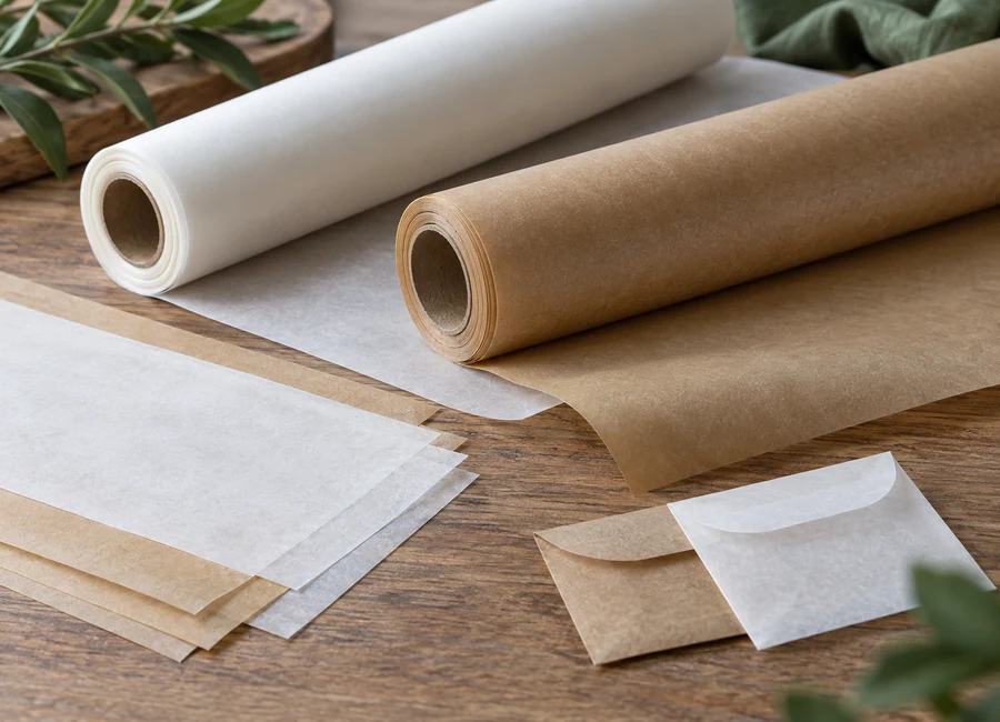 Parchment rolls and sheets on an export document review desk — material detail