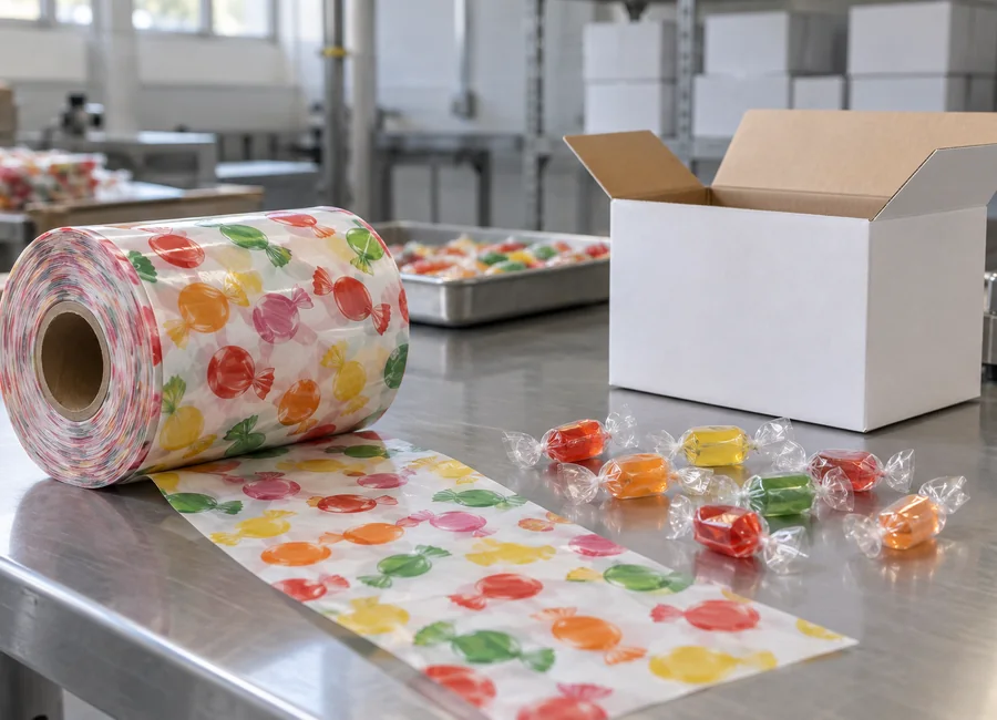 Candy paper roll and wrapped candies beside a plain carton