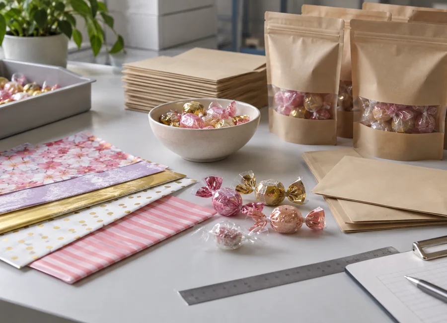 Printed candy paper samples beside candies, envelopes and sample pouches