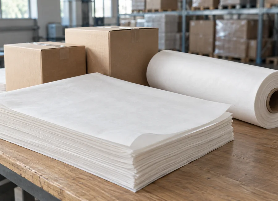 White parchment sheets beside plain cartons and a roll