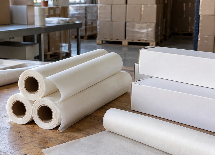 Parchment rolls and retail boxes in a packing area