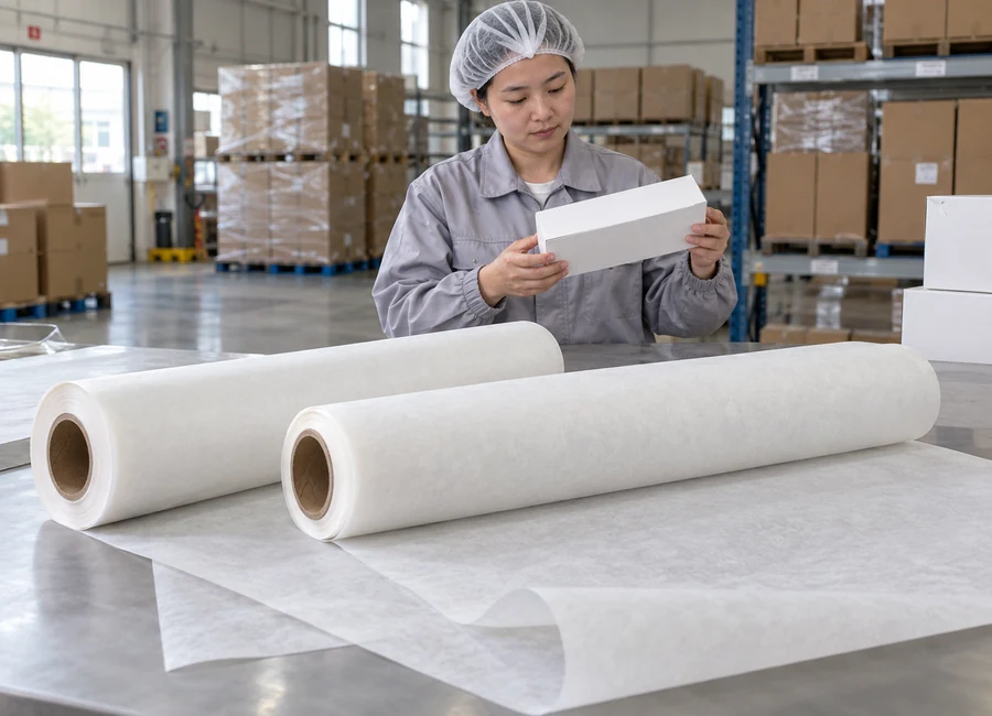 Inspector with hair cover reviewing unprinted parchment boxes
