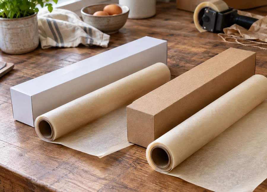 Parchment rolls beside white and kraft packaging mockups