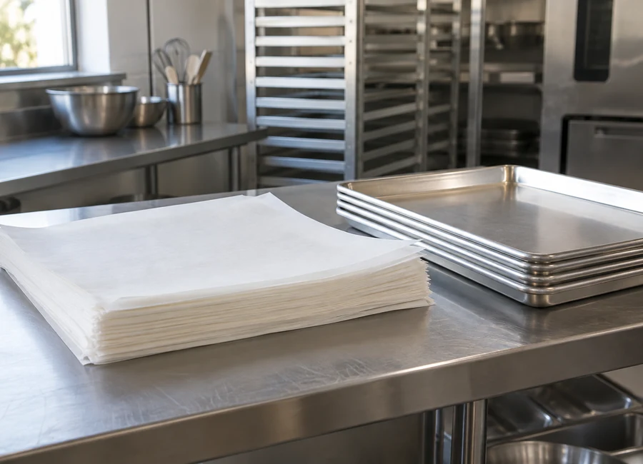 Baking paper sheets beside unused commercial trays