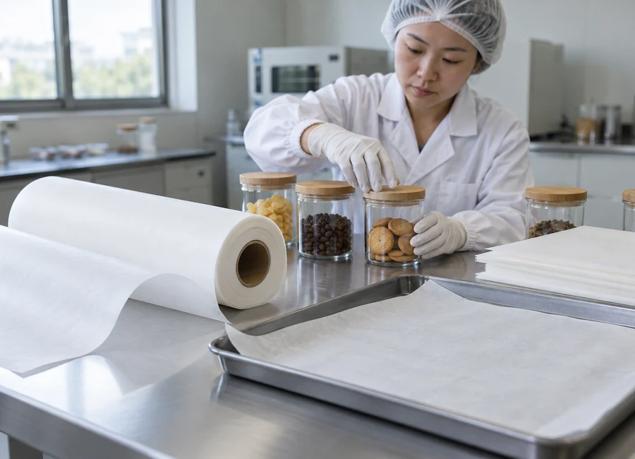 Technician arranging closed ingredient jars beside baking paper