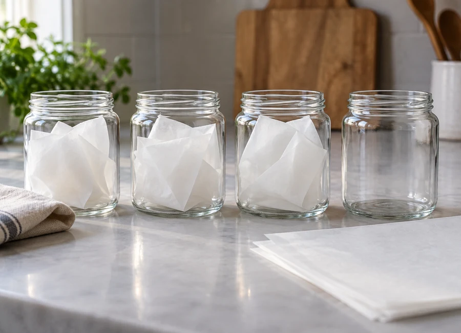 Folded paper specimens in jars beside an empty control jar