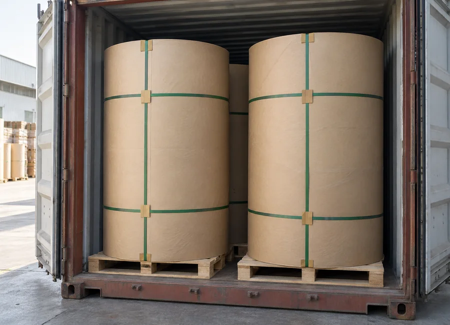 Protected parchment rolls on a pallet inside an open container