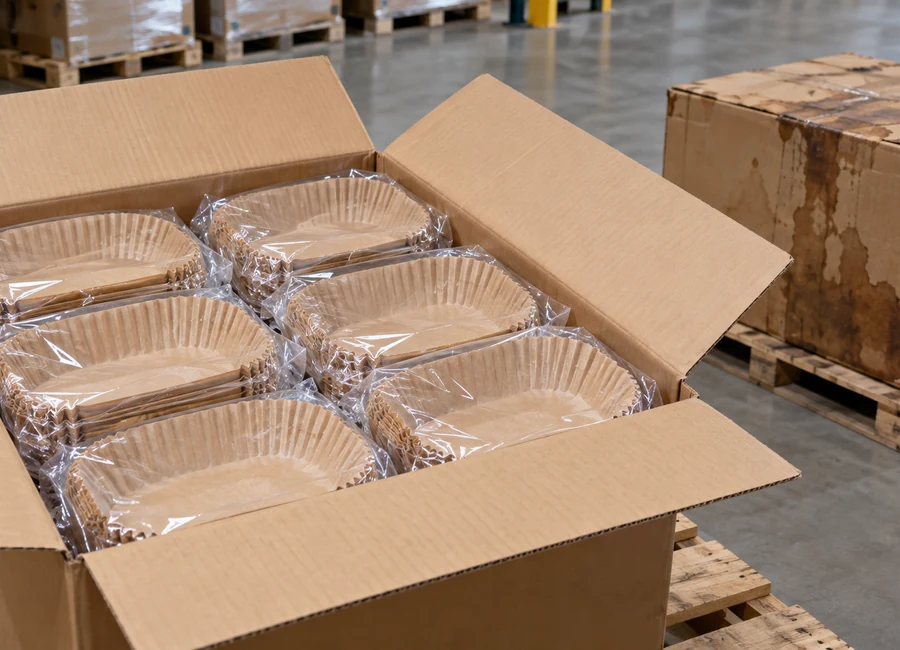 Packed liners in a dry carton beside isolated stained packaging