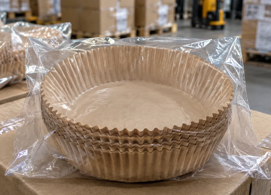Pleated brown liners inside clear retail packaging