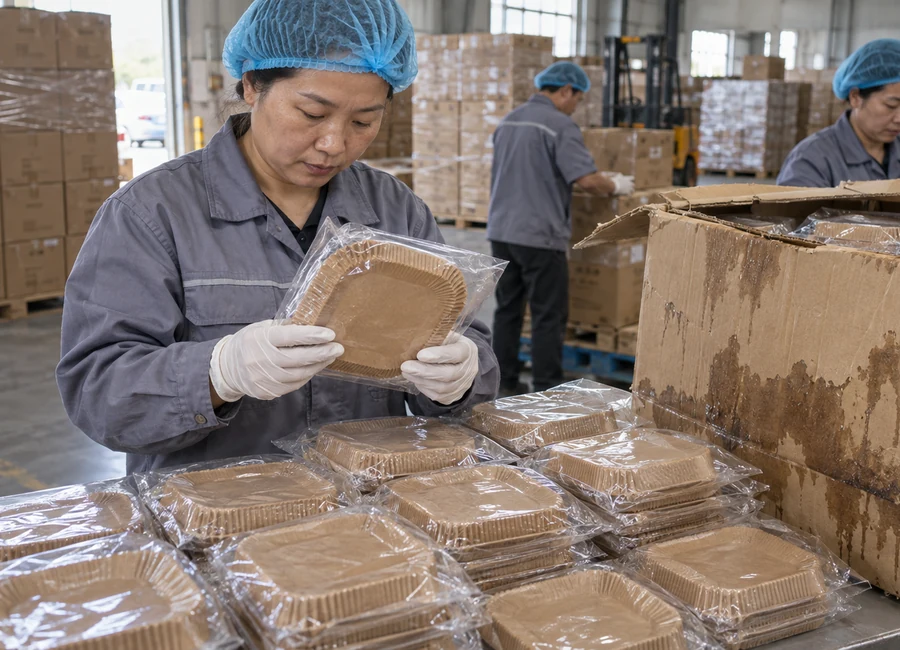 Inspector checking packed liners from a water-stained carton