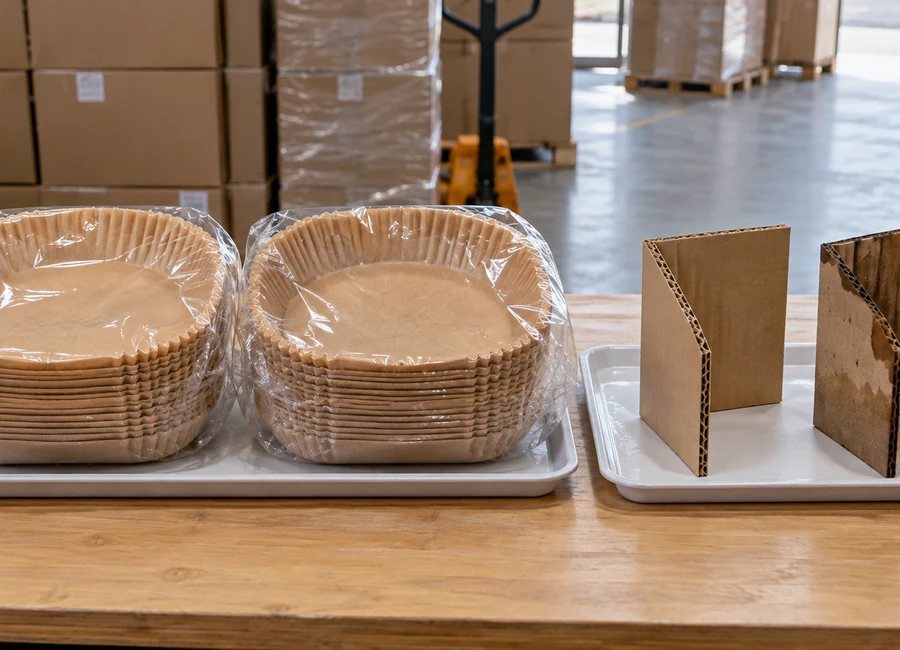 Packed liners beside dry and water-stained cardboard samples