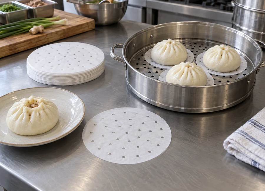 Perforated steaming liners and cooked bun release comparison — application context