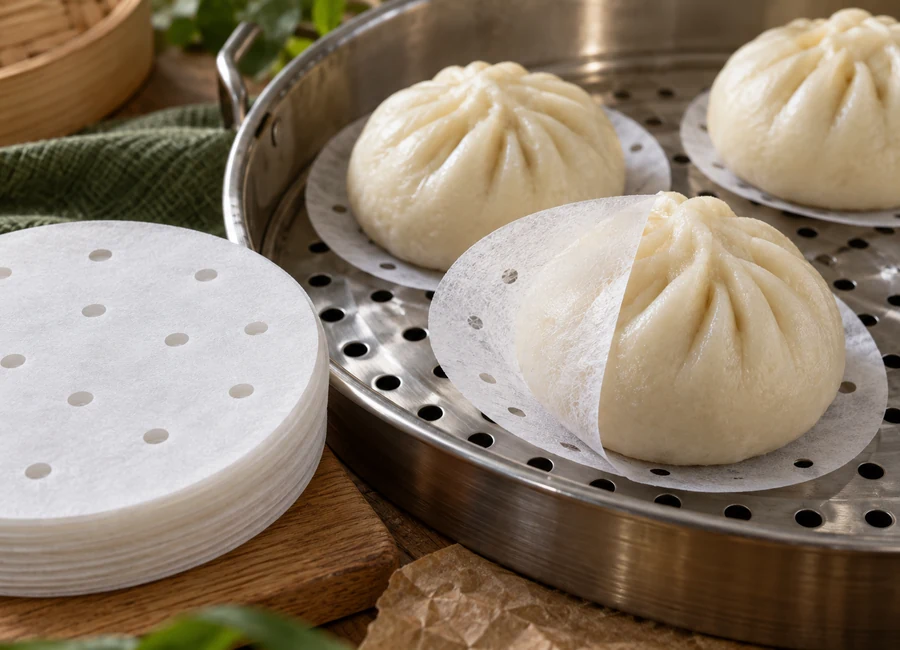 Perforated steaming liners and cooked bun release comparison — material detail