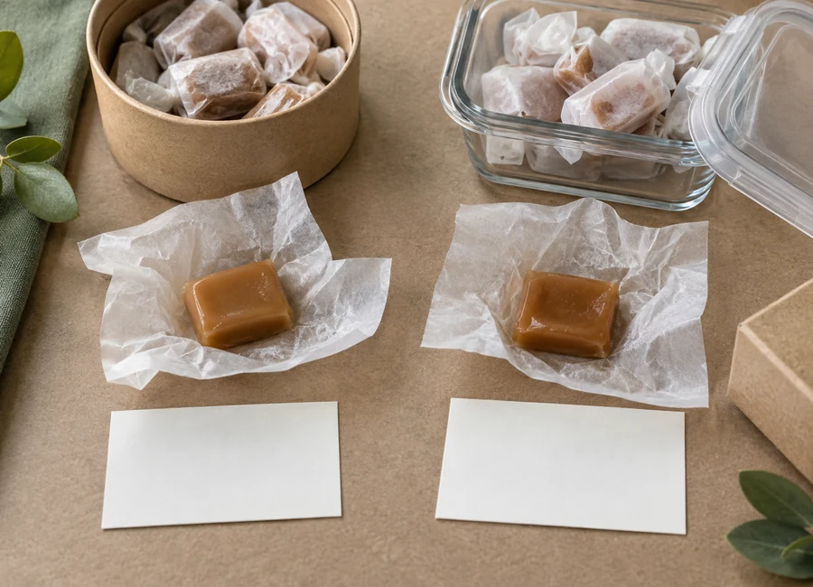 Candy wrapping paper and stored confectionery samples — sample comparison